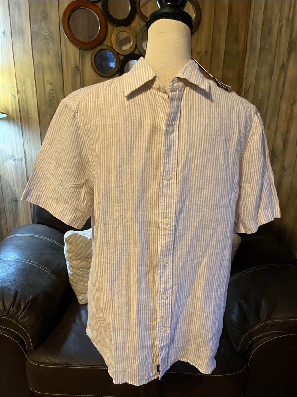 Vineyard Vines 100% Linen Short Sleeve Striped Button-Up Shirt Tan White